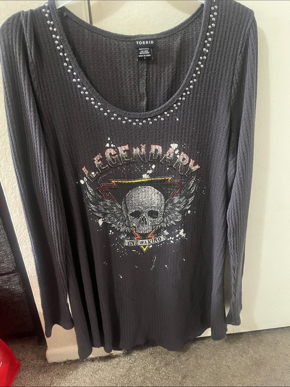 torrid Black Skull 'Legendary' Studded Scoop Neck Long Sleeve Top